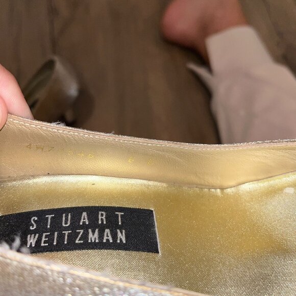 Stuart Weitzman Womans Size 6 Gold Satin Square Toe Pumps High Heel Shoes - Picture 7 of 9